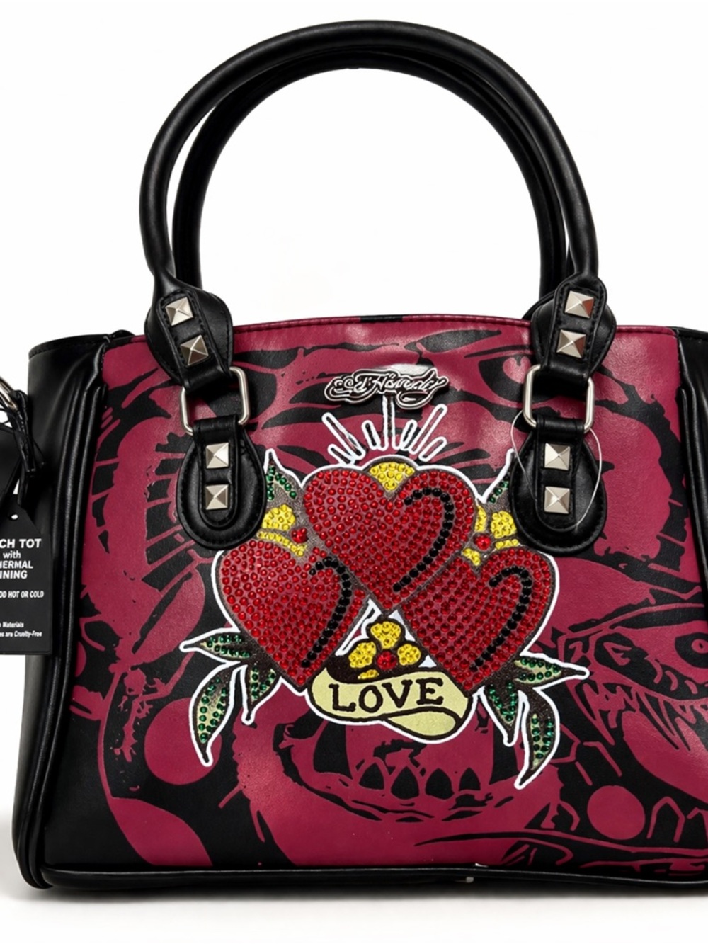 Ed Hardy Lunch Tote Bag Hearts Rhinestone Thermal Insulated Vegan Crossbody